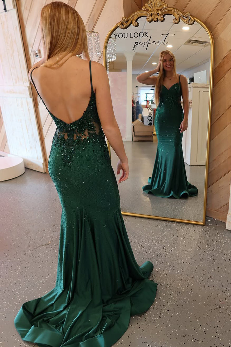 Cute Mermaid V Neck Dark Green Beading Prom Dress with Appliques