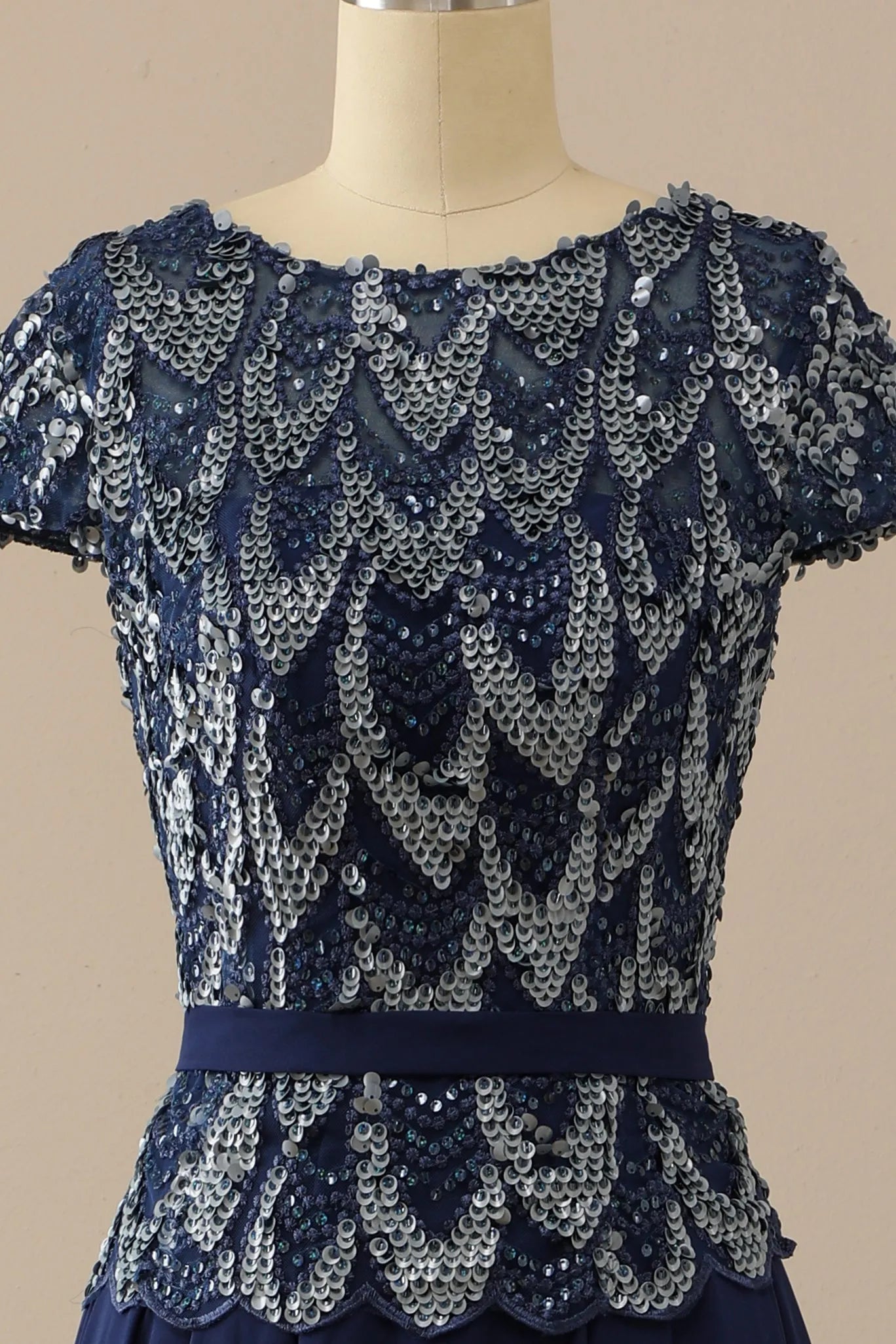 A-Line Navy Round Neck Mother of Bride Dress Wedding Guest Dresses with Sequins