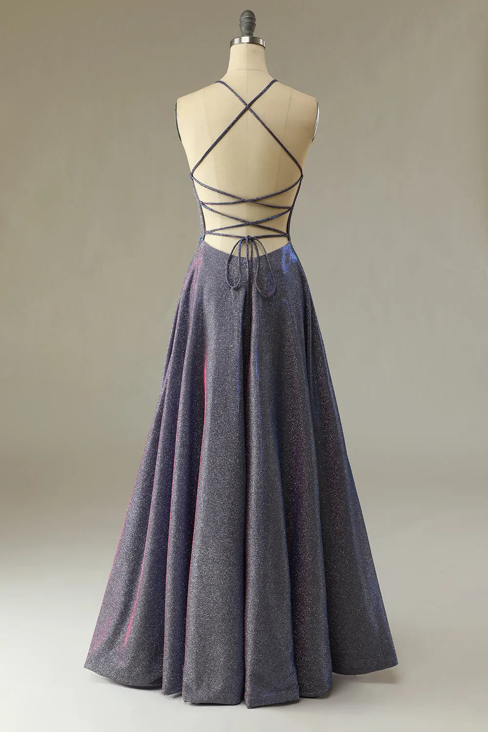 A-Line Glitter Purple With Lace Up Back Long Prom Dress Floor-length Wedding Guest Dresses