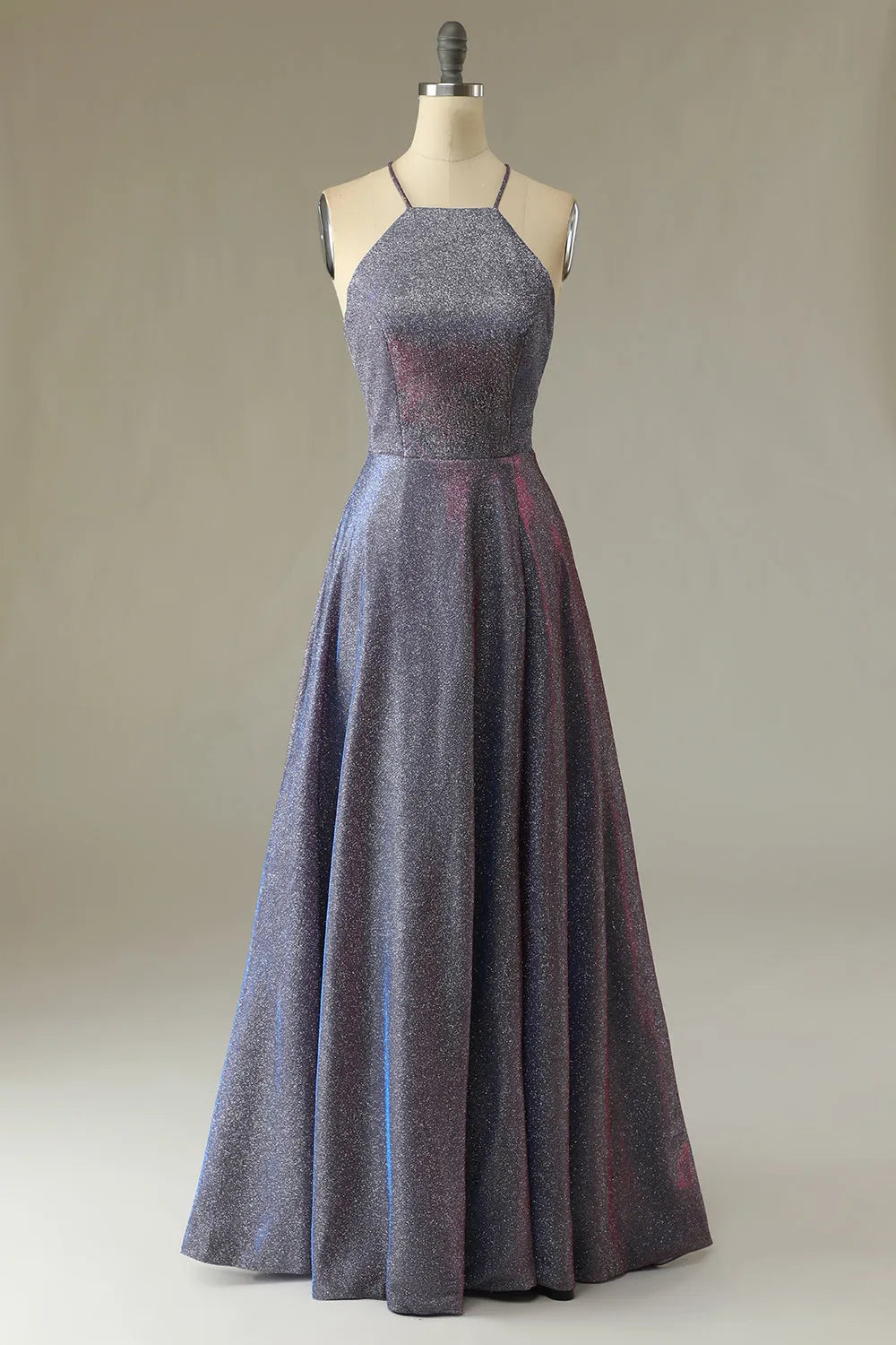 A-Line Glitter Purple With Lace Up Back Long Prom Dress Floor-length Wedding Guest Dresses