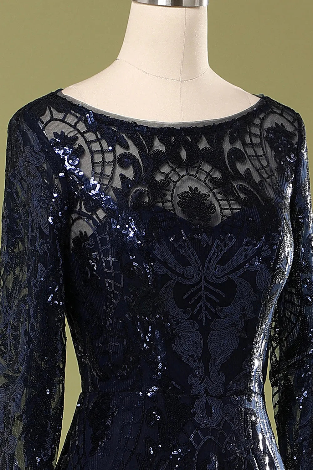 A-Line Navy Long Sleeves Mother Dress Sequins/Sparkling Wedding Guest Dresses