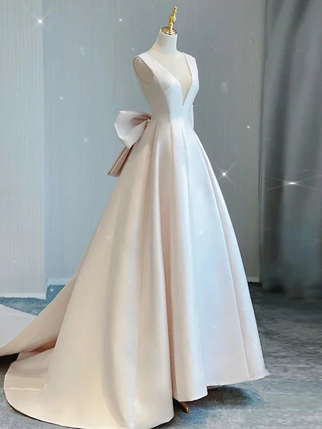 Hall Casual Wedding Dresses Court Train A-Line Sleeveless V Neck Satin With Bow(s) Pleats Bridal