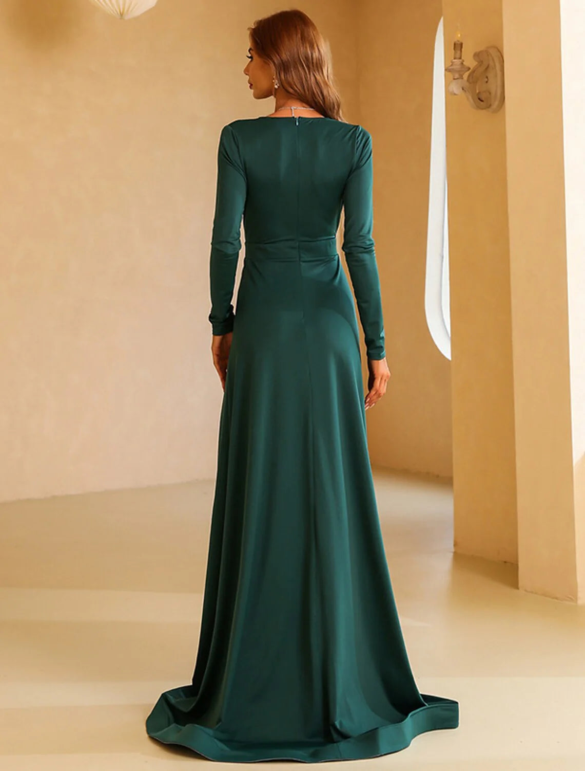 A-Line Evening Gown Vintage Dress Wedding Guest Christmas Red Green Dress Sweep / Brush Train Long Sleeve V Neck Polyester with Slit Pure Color