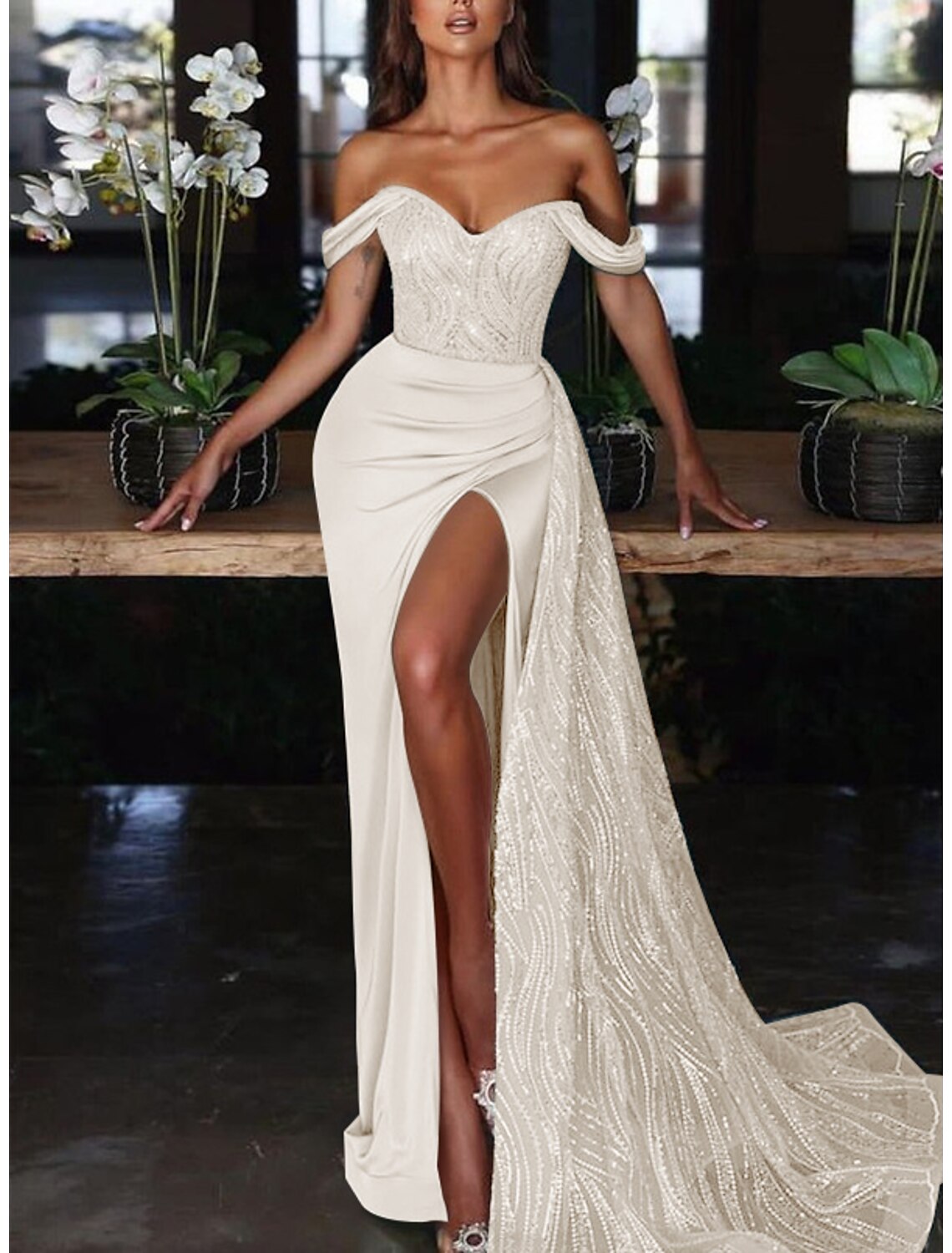 Mermaid Dress Evening Gown Wedding Guest Court Train Sleeveless Off Shoulder Charmeuse with Ruched Sequin Slit