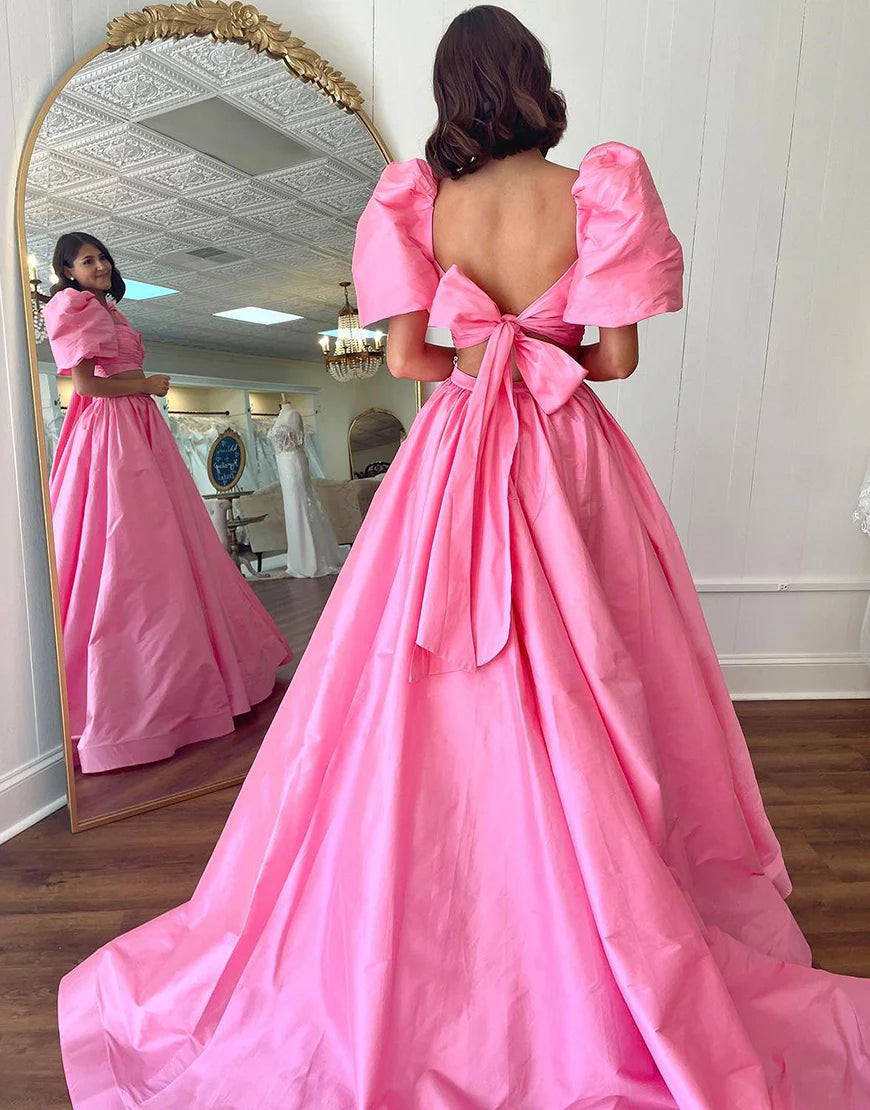 Two Piece A Line Square Bowknot Long Prom Dress With Slit