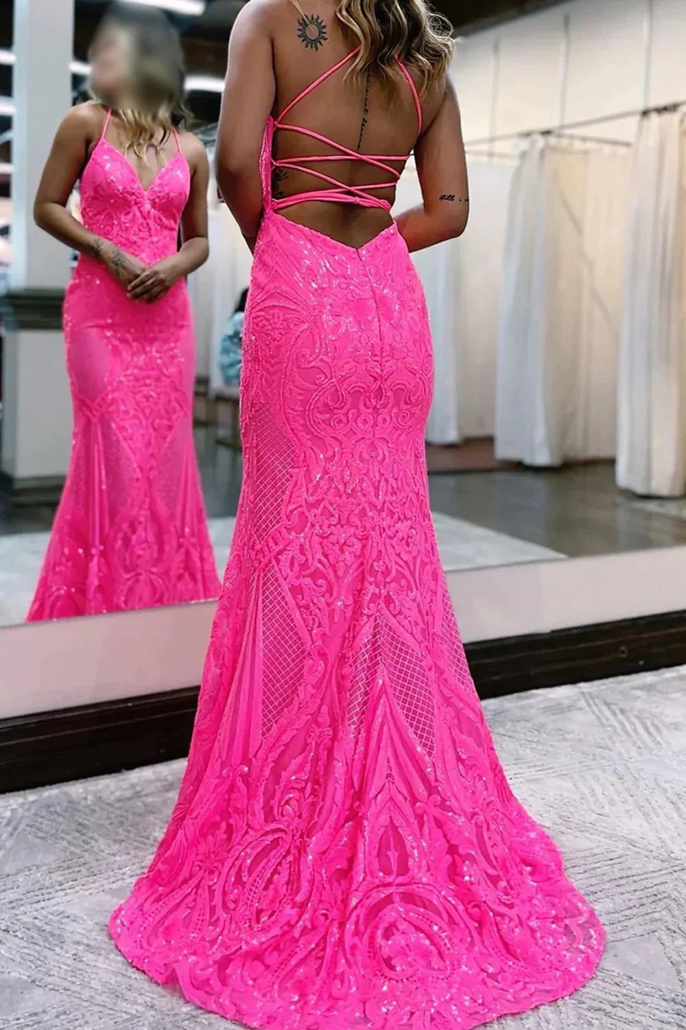 Sparkly Mermaid Backless Hot Pink Sequins V-Neck Long Prom Dress