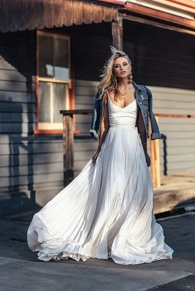 Romantic A Line V Neck Pleat Satin Wedding Dresses