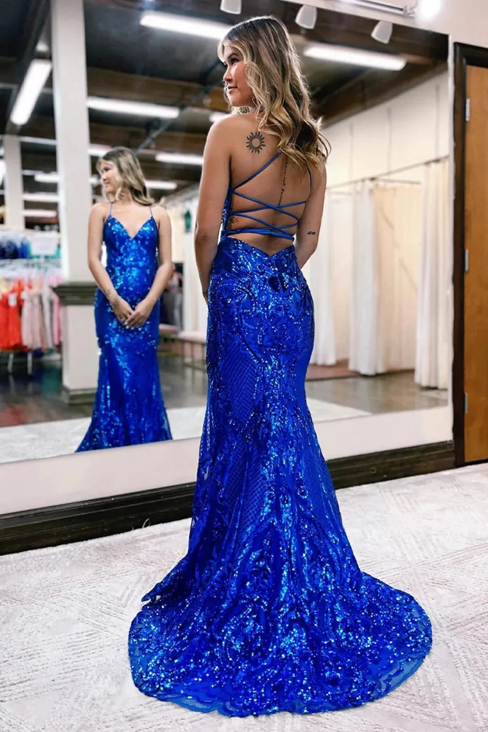 Sparkly Mermaid Backless Hot Pink Sequins V-Neck Long Prom Dress