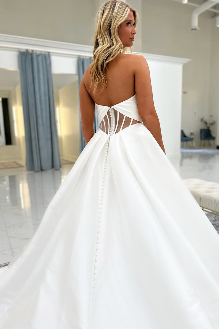 Boho A Line White Satin Wedding Dresses with Bow