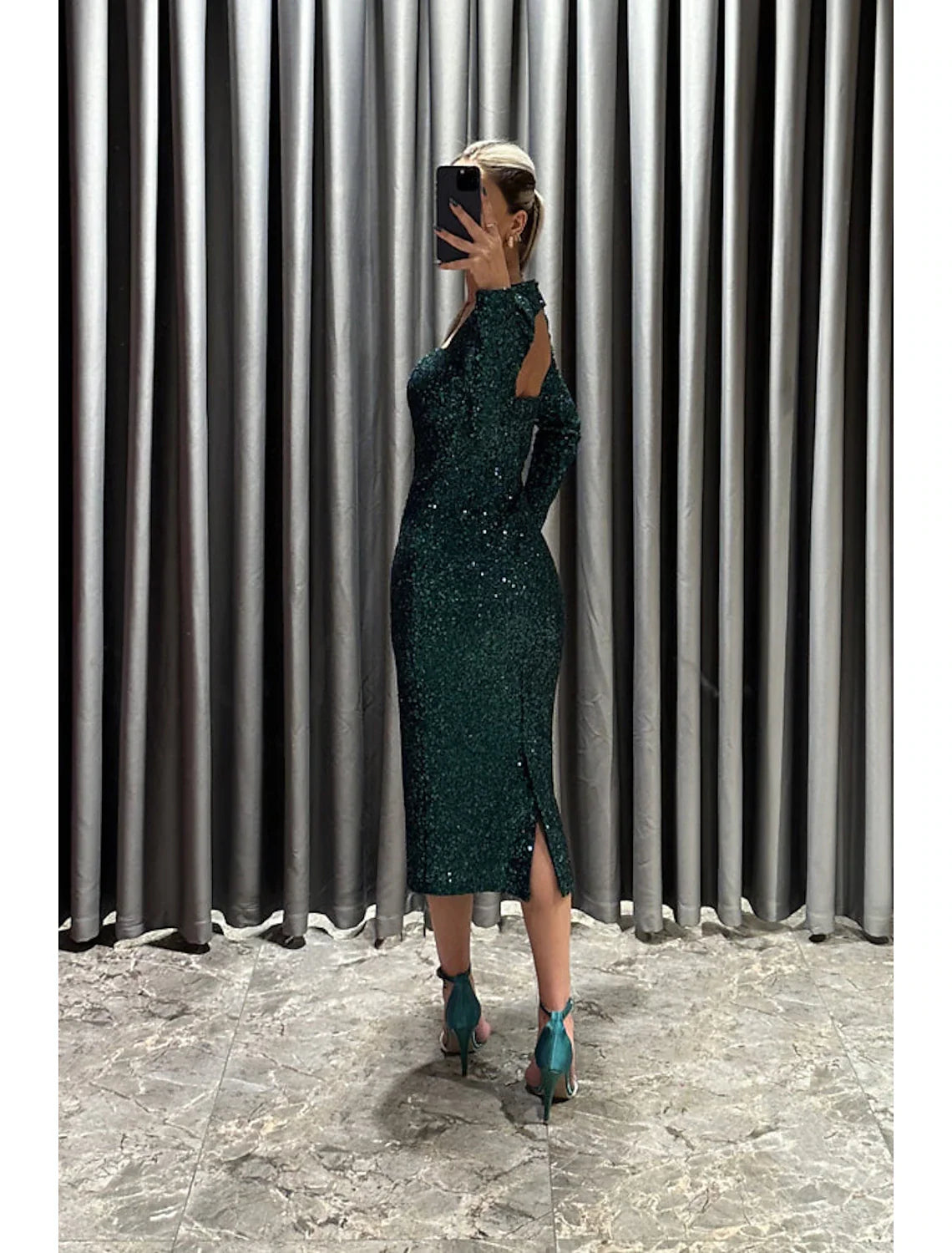 Sheath / Column Evening Gown Elegant Black Dress Formal Fall Tea Length Long Sleeve Square Neck Sequined with Glitter Slit