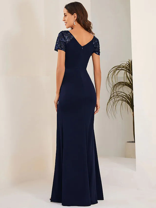 Mermaid / Trumpet Wedding Guest Dresses Elegant Dress Formal Floor Length Short Sleeve V Neck Stretch Fabric with Crystals Slit