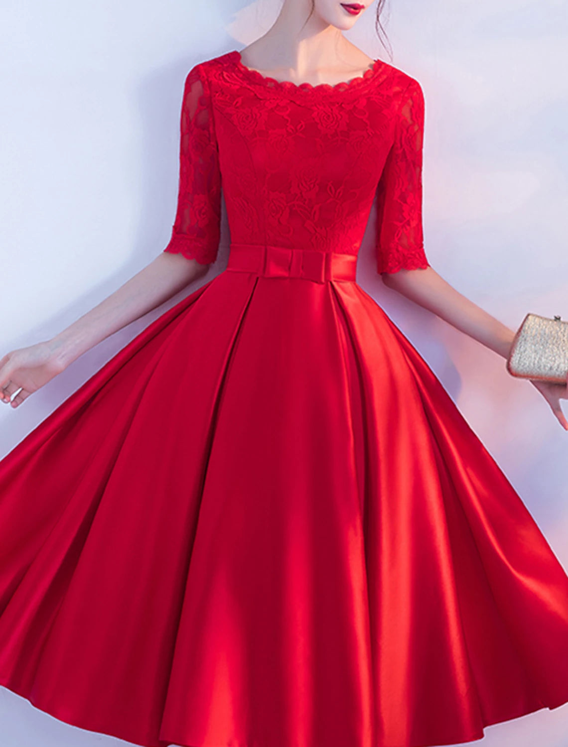 A-Line Cocktail Dresses Elegant Dress Party Dress Tea Length Half Sleeve Jewel Neck Satin with Bow(s) Pleats Embroidery