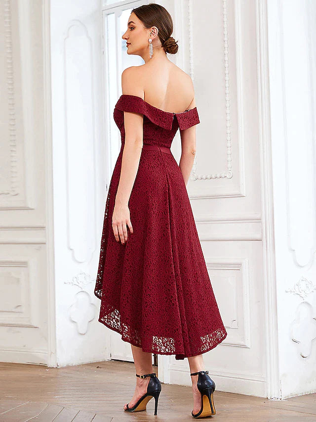A-Line Homecoming Dresses Vintage Dress Homecoming Asymmetrical Sleeveless Off Shoulder Lace with Pleats Pure Color