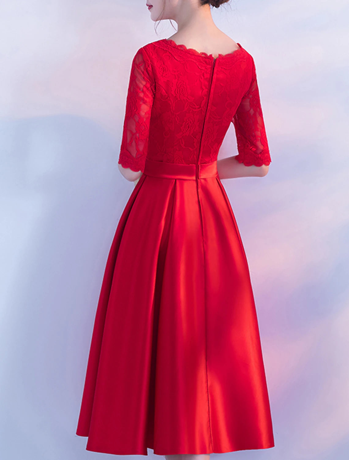 A-Line Cocktail Dresses Elegant Dress Party Dress Tea Length Half Sleeve Jewel Neck Satin with Bow(s) Pleats Embroidery