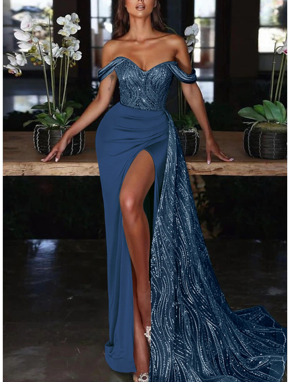 Mermaid Dress Evening Gown Wedding Guest Court Train Sleeveless Off Shoulder Charmeuse with Ruched Sequin Slit