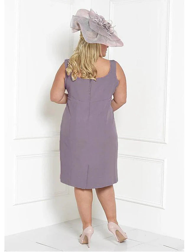 Two Piece Sheath / Column Mother of the Bride Dress Church Plus Size Wrap Included Square Neck Tea Length Charmeuse 3/4 Length Sleeve with Sash / Ribbon Ruching