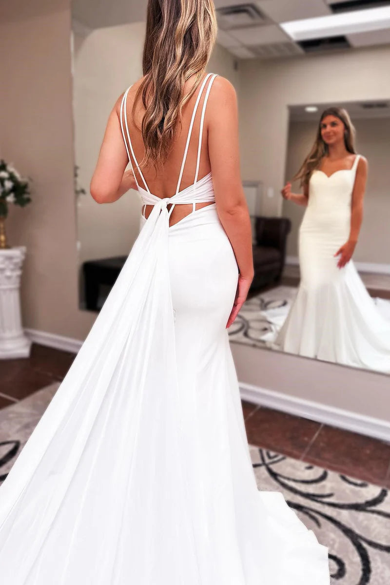 White Long Chiffon Mermaid Boho Wedding Dress Sweetheart Backless
