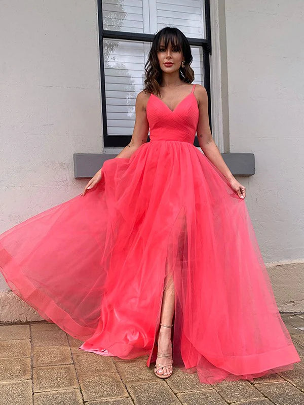 A-Line Princess Tulle Ruffles V-neck Sleeveless Prom Dresses