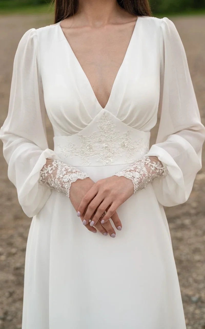 A-Line V-Neck Floor Chiffon Long Sleeve Wedding Dress with Sequins and Train