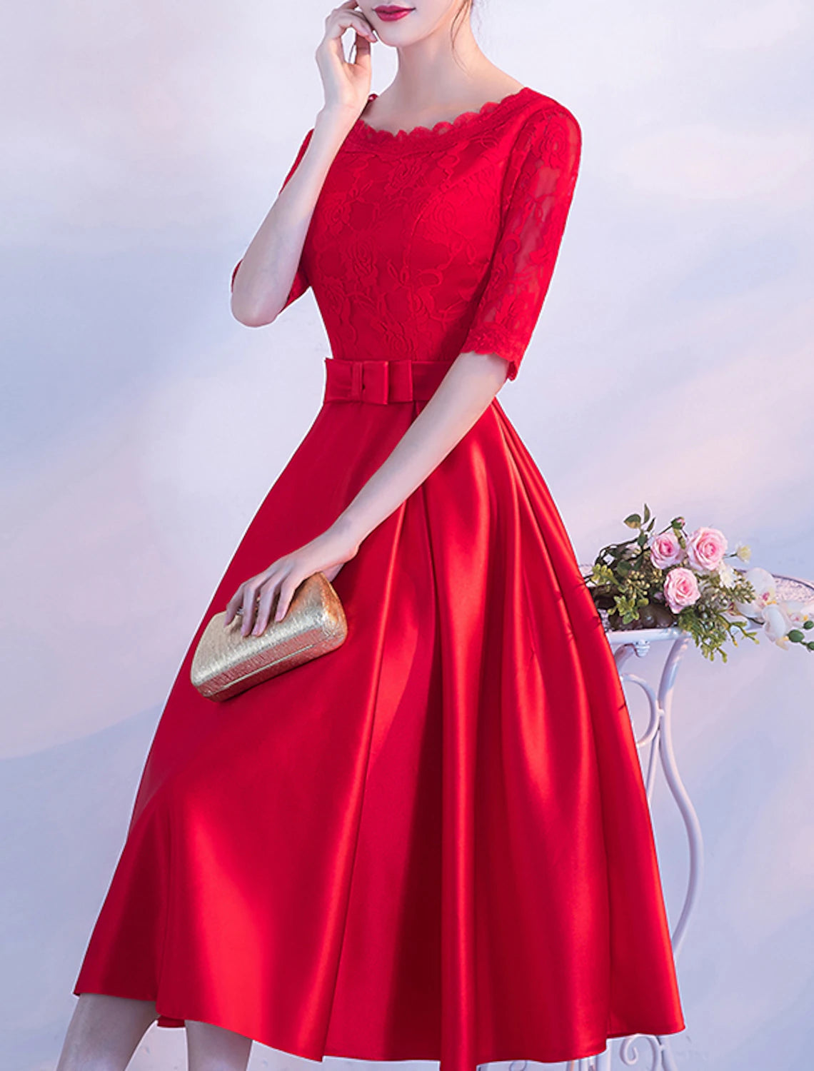 A-Line Cocktail Dresses Elegant Dress Party Dress Tea Length Half Sleeve Jewel Neck Satin with Bow(s) Pleats Embroidery
