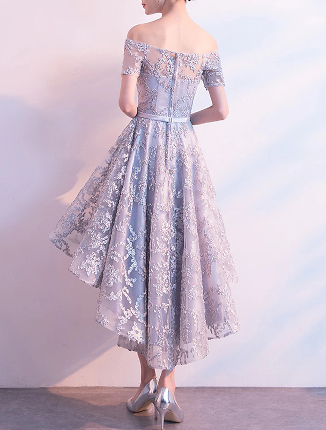 A-Line Cocktail Dresses Elegant Dress Homecoming Asymmetrical Short Sleeve Off Shoulder Tulle with Bow(s) Pleats