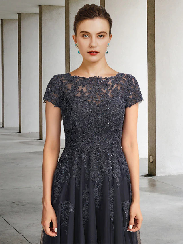 Ball Gown Mother of the Bride Dress Luxurious Elegant Jewel Neck Floor Length Lace Tulle Short Sleeve with Crystals Appliques Ball Gown Mother of the Bride Dress Luxurious Elegant Jewel Neck Floor Length Lace Tulle Short Sleeve with Crystals Appliques