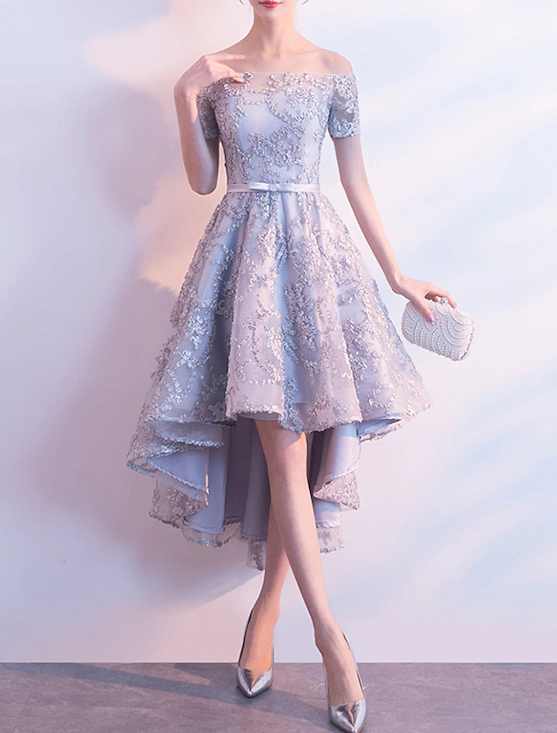 A-Line Cocktail Dresses Elegant Dress Homecoming Asymmetrical Short Sleeve Off Shoulder Tulle with Bow(s) Pleats