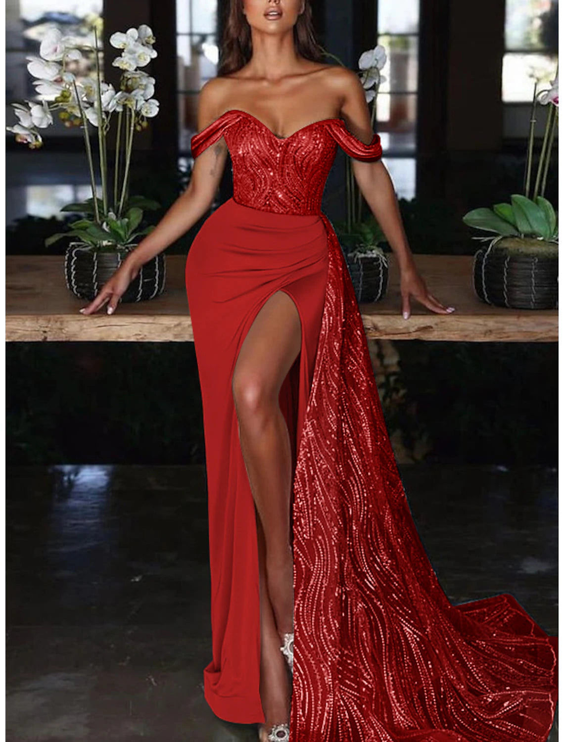 Mermaid Dress Evening Gown Wedding Guest Court Train Sleeveless Off Shoulder Charmeuse with Ruched Sequin Slit