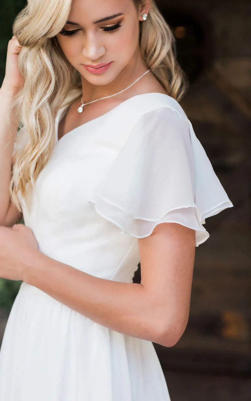 A Line V-neck Chiffon Floor-length Short Sleeve Wedding Dress with Ruffles