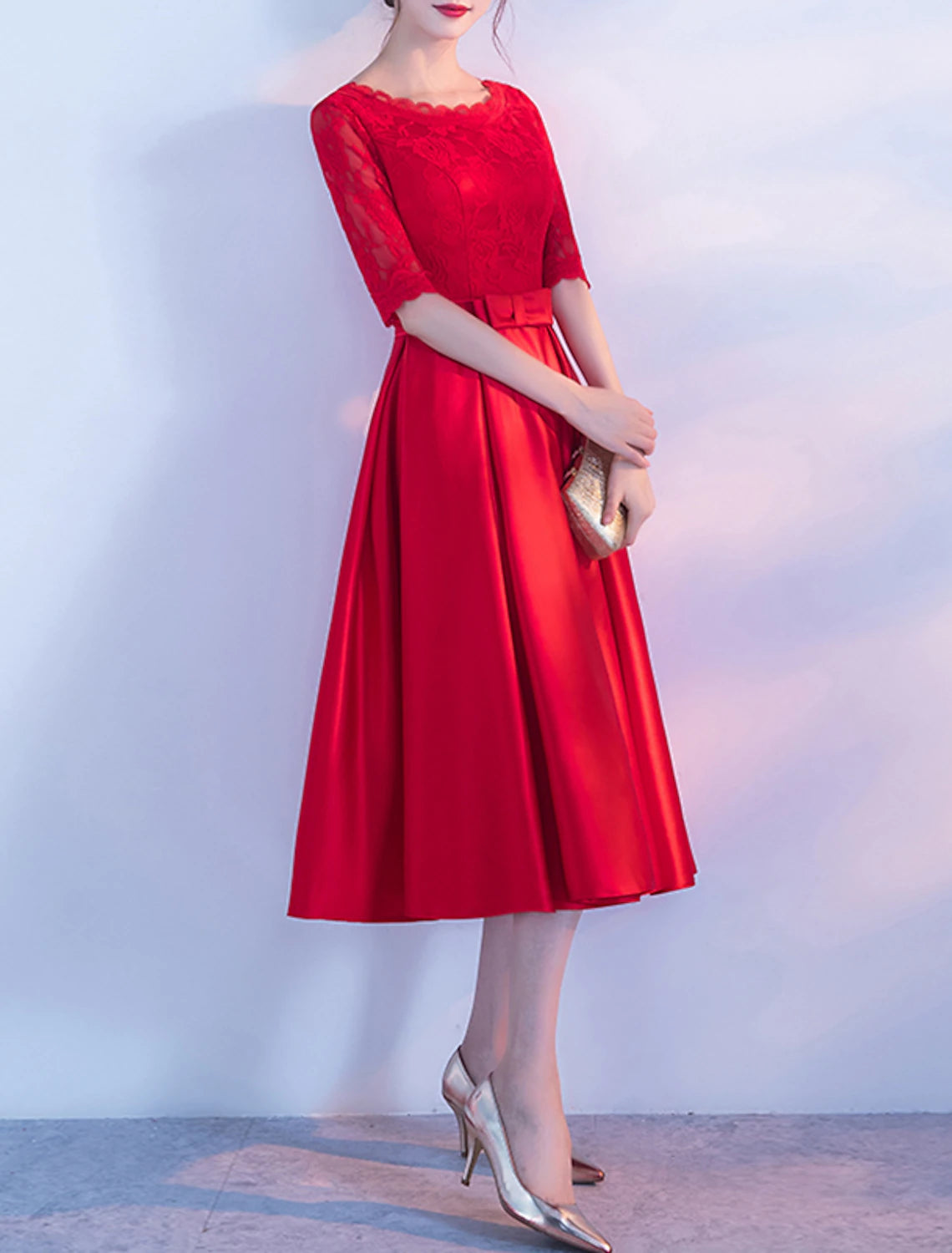A-Line Cocktail Dresses Elegant Dress Party Dress Tea Length Half Sleeve Jewel Neck Satin with Bow(s) Pleats Embroidery