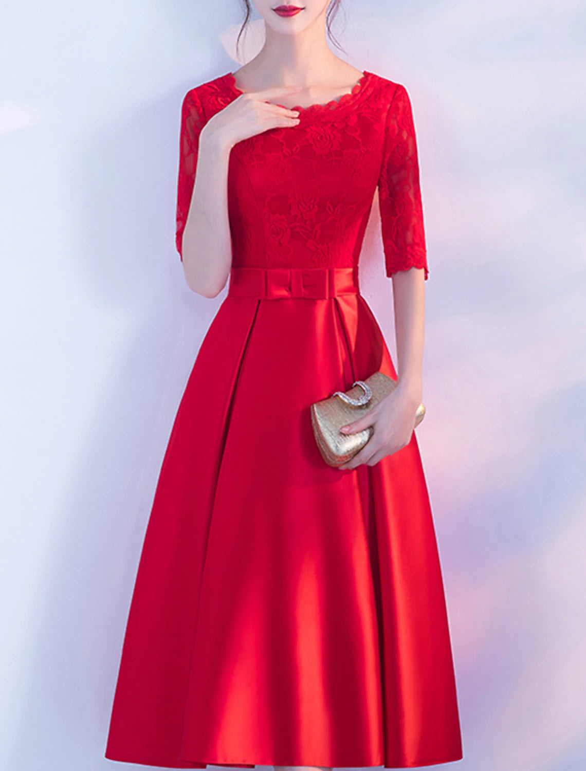 A-Line Cocktail Dresses Elegant Dress Party Dress Tea Length Half Sleeve Jewel Neck Satin with Bow(s) Pleats Embroidery