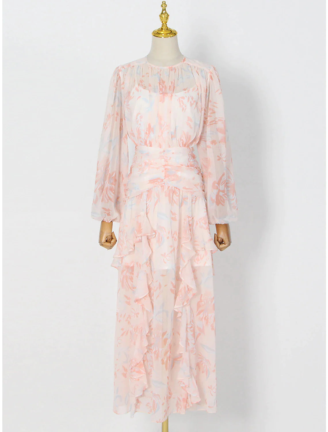 A-Line Wedding Guest Dresses Maxi Dress Holiday Floor Length Long Sleeve Jewel Neck Polyester with Floral Print Ruffles