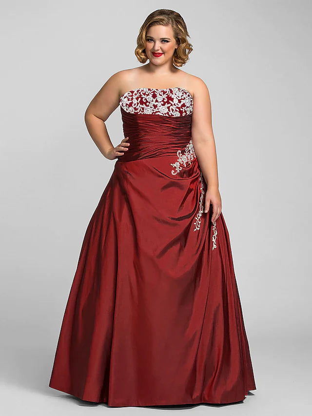 Ball Gown Plus Size Prom Formal Evening Dress Strapless Sleeveless Floor Length Taffeta with Beading Appliques