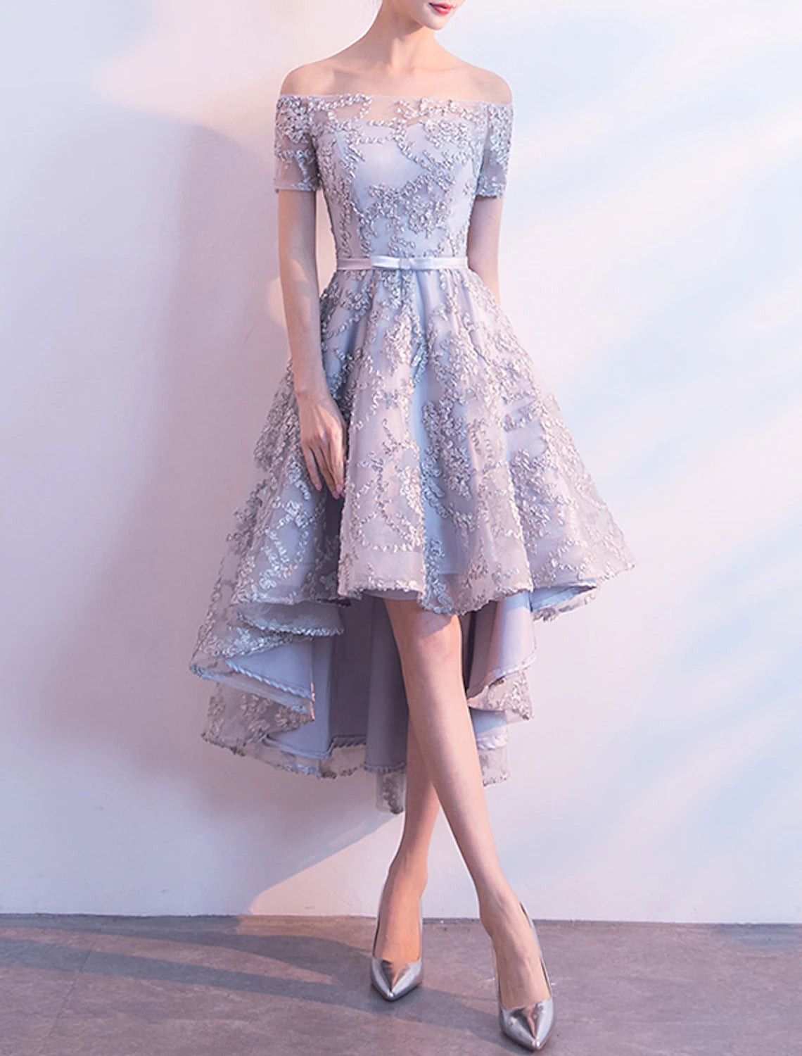 A-Line Cocktail Dresses Elegant Dress Homecoming Asymmetrical Short Sleeve Off Shoulder Tulle with Bow(s) Pleats