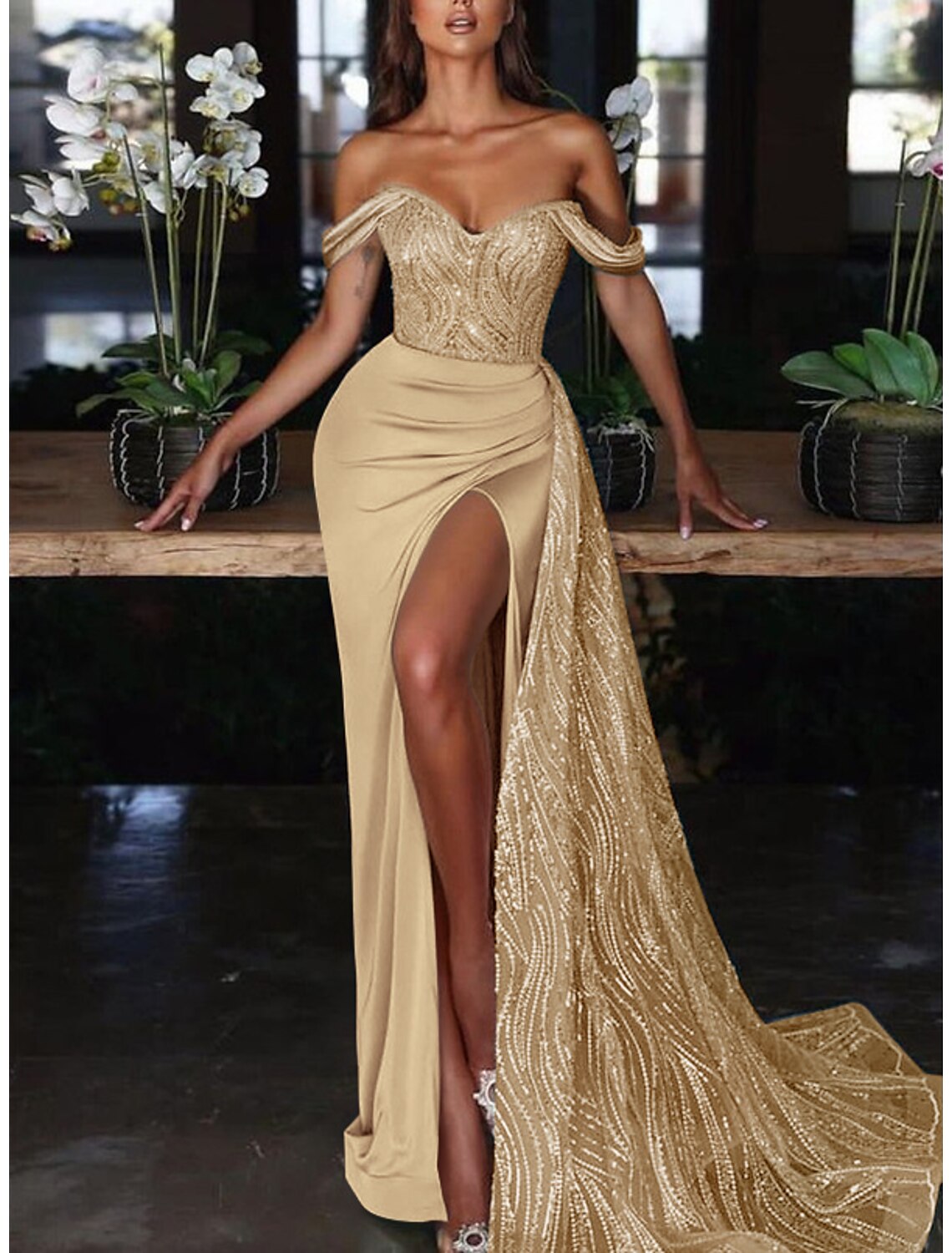 Mermaid Dress Evening Gown Wedding Guest Court Train Sleeveless Off Shoulder Charmeuse with Ruched Sequin Slit