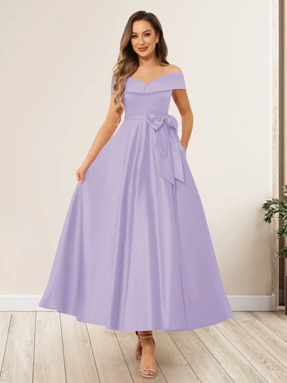 A-Line/Princess Off-The-Shoulder Sleeveless Long Evening Dresses Mother of the Bride Dresse with Bow Knot