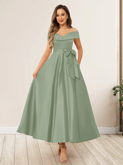 A-Line/Princess Off-The-Shoulder Sleeveless Long Evening Dresses Mother of the Bride Dresse with Bow Knot