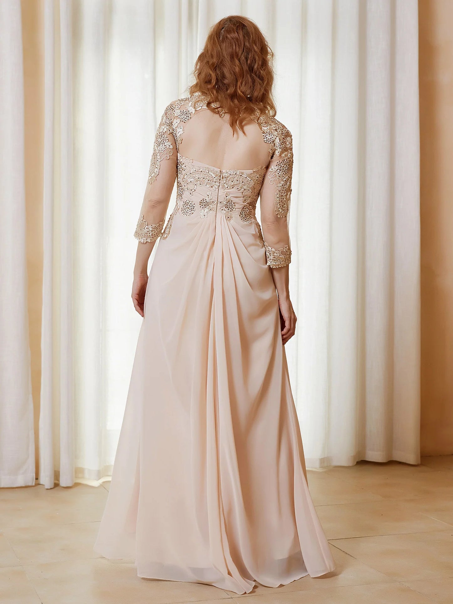 Chiffon Appliqued Dress with Open Back Champagne Chiffon Mother of the Bride Dresse
