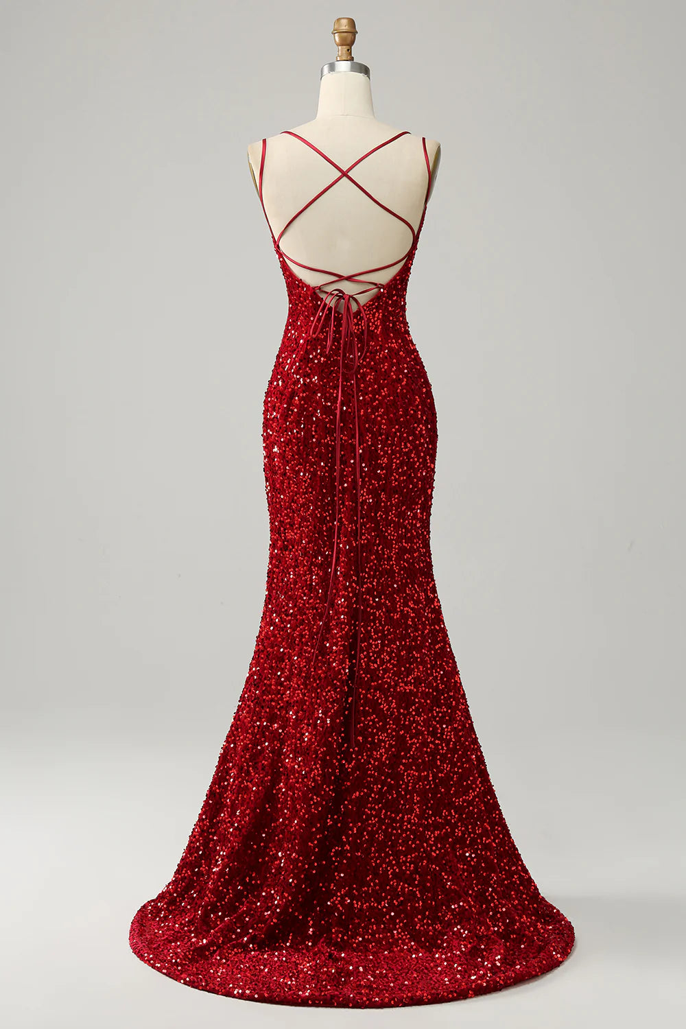 Sequins/Sparkling Mermaid Red Sparkly Backless Long Prom Dress with Fringes