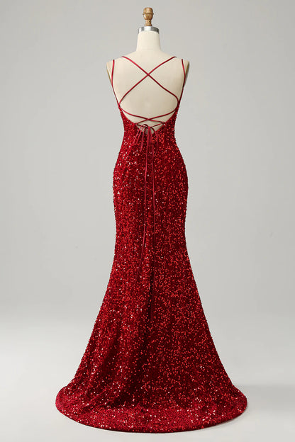 Sequins/Sparkling Mermaid Red Sparkly Backless Long Prom Dress with Fringes