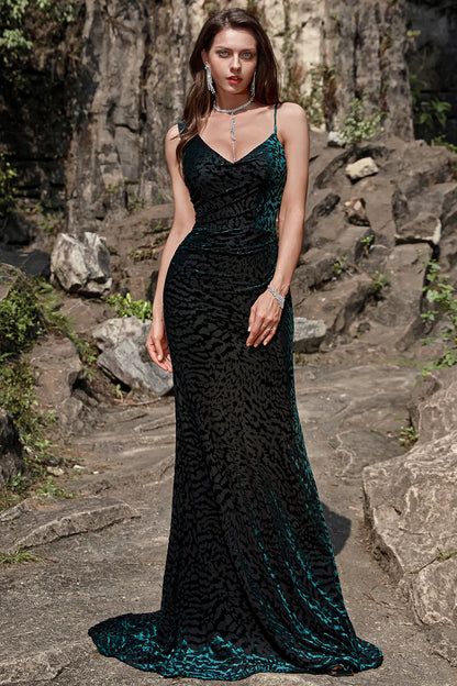 Mermaid Spaghetti Straps V Neck Burnout Velvet Long Bridesmaid Dress Evening Dresses