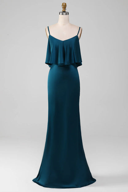 Peacock Sheath Spaghetti Long Bridesmaid Dress