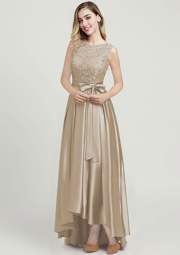 Satin Mother of the Bride Dress Ankle-Length With Waistband Beading Lace Ruffles
