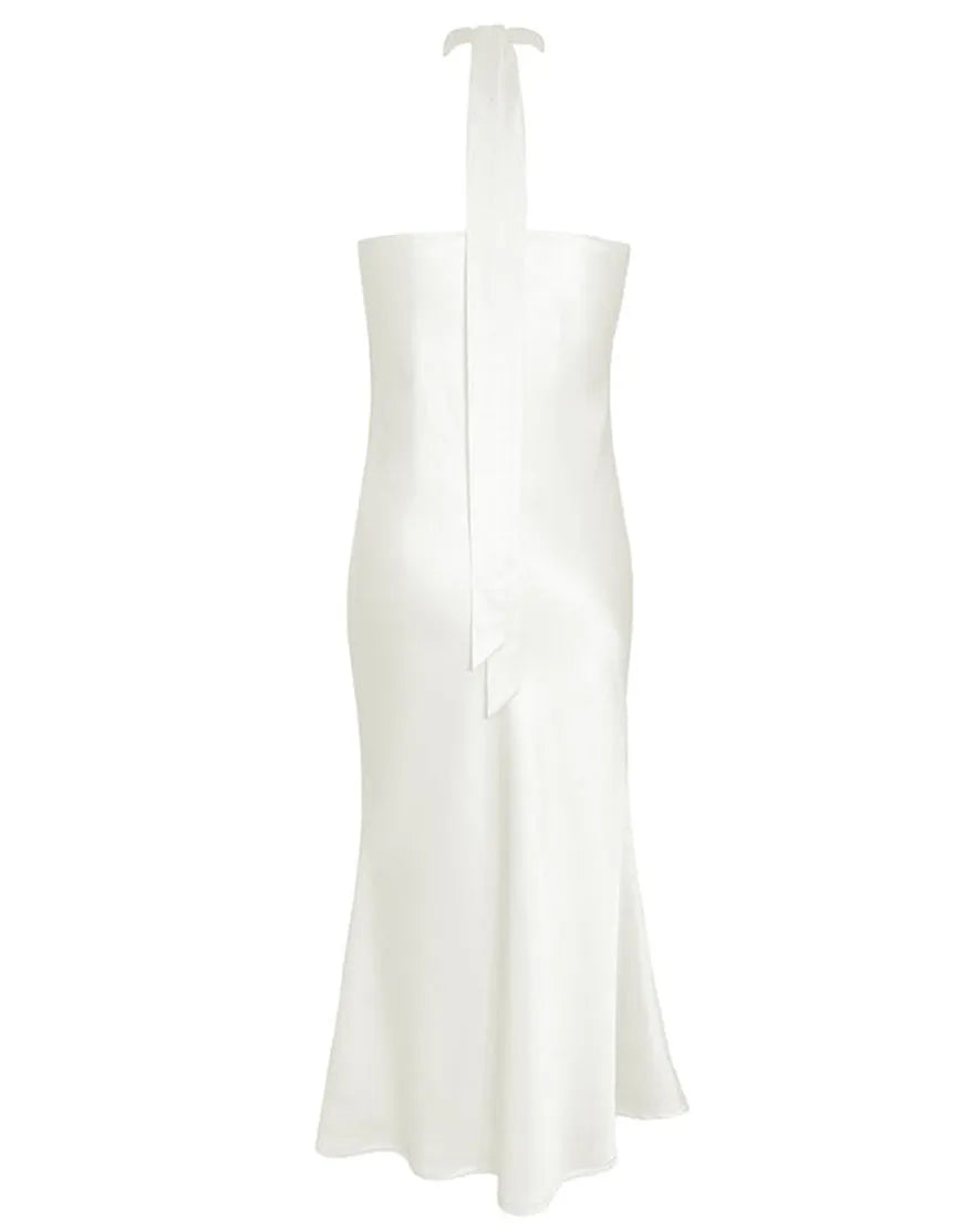 Simple Ivory Sheath Halter Neckline Tea Length Bridesmaid Dress Wedding Guest Party Dresses