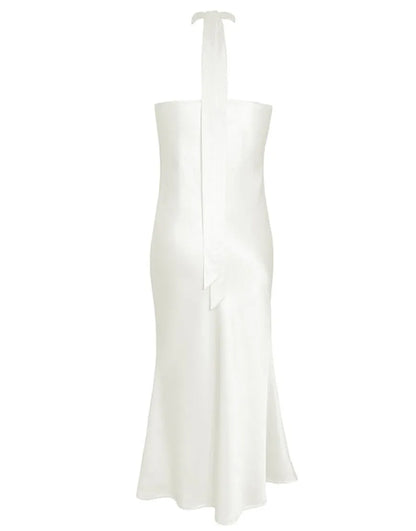 Simple Ivory Sheath Halter Neckline Tea Length Bridesmaid Dress Wedding Guest Party Dresses