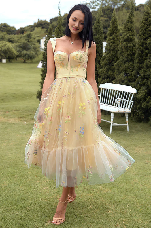 Cute A-Line Champagne Long Prom Dress with Embroidery