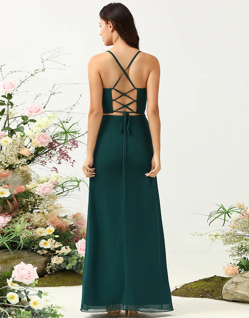 Spaghetti Straps Wedding Guest Dress Long Bridesmaid Dress with Slit