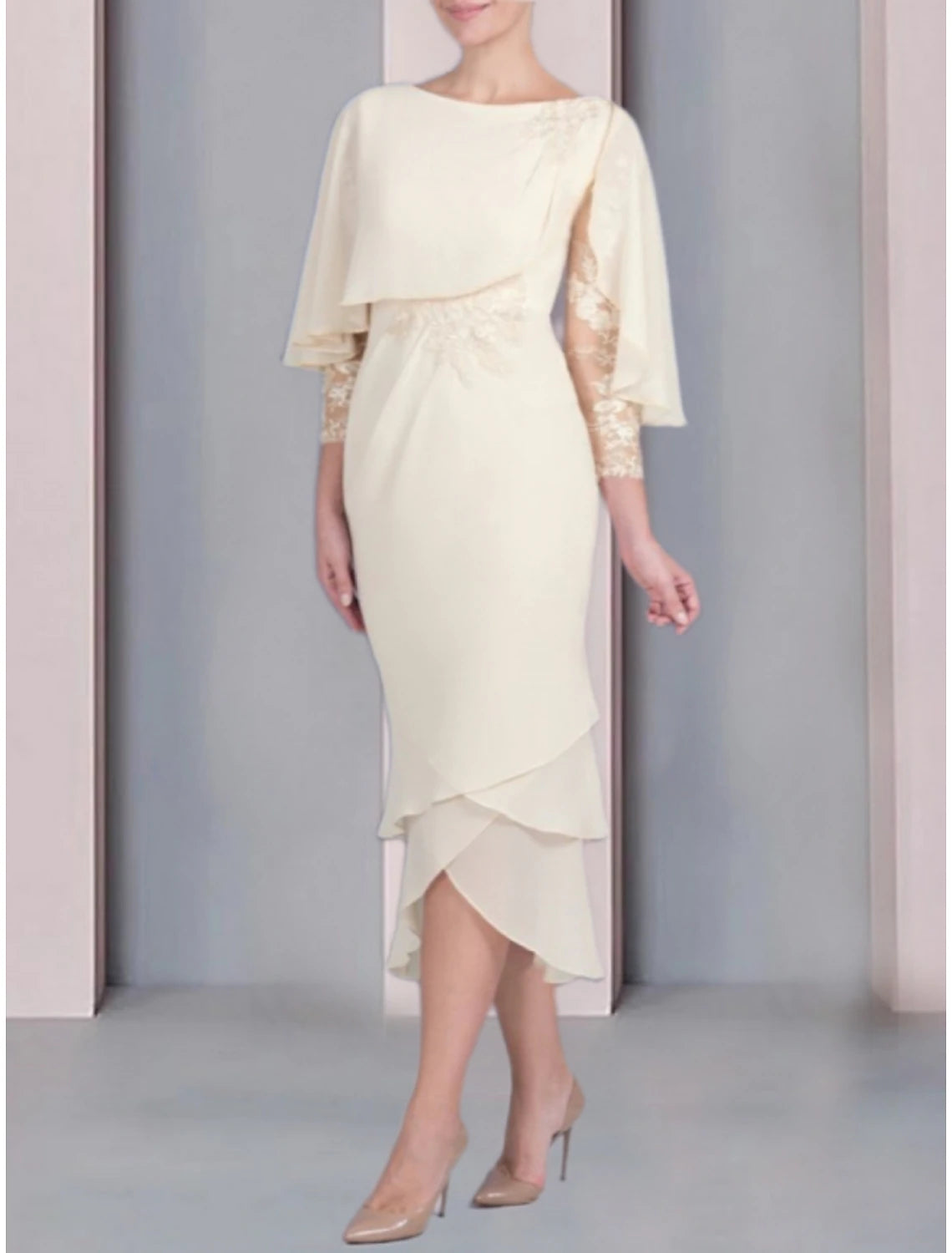 Sheath / Column Mother of the Bride Dress Wedding Guest Scoop Neck Tea Length Chiffon with Lace Tier Appliques