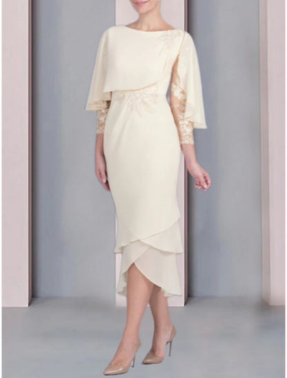 Sheath / Column Mother of the Bride Dress Wedding Guest Scoop Neck Tea Length Chiffon with Lace Tier Appliques