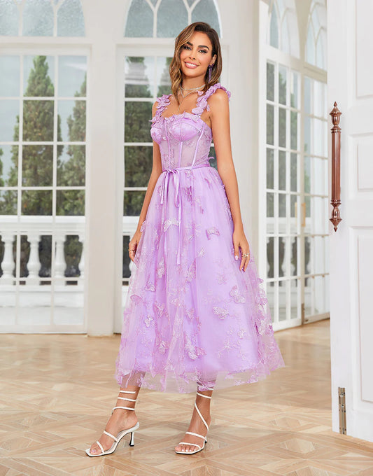 Purple A Line Butterflies Tulle Dress Appliques Prom Dress